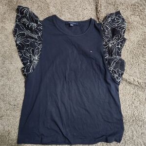 Tommy Hilfiger Women's Black Top with Floral Sleeves